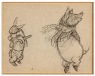 E.H. Shepard Drawing of a Rabbit & Pig Dancing, Titled Dogs, Ow! - Stick, O My! -- Done for Berties Escapade